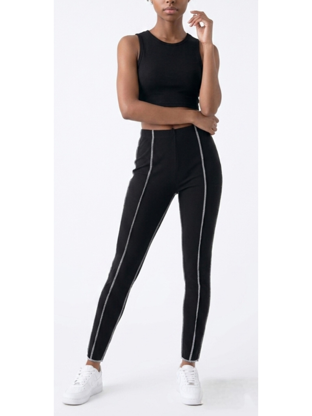 High-Waist Black Seam-Detail Ribbed Leggings